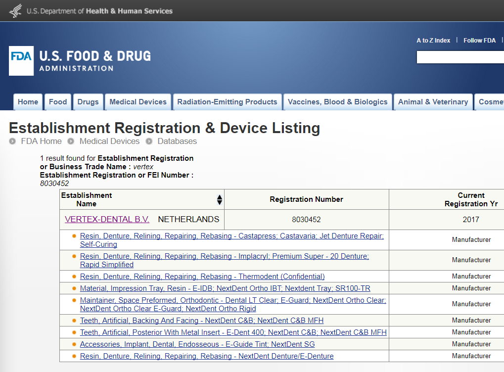 fda nextdent listings 201709